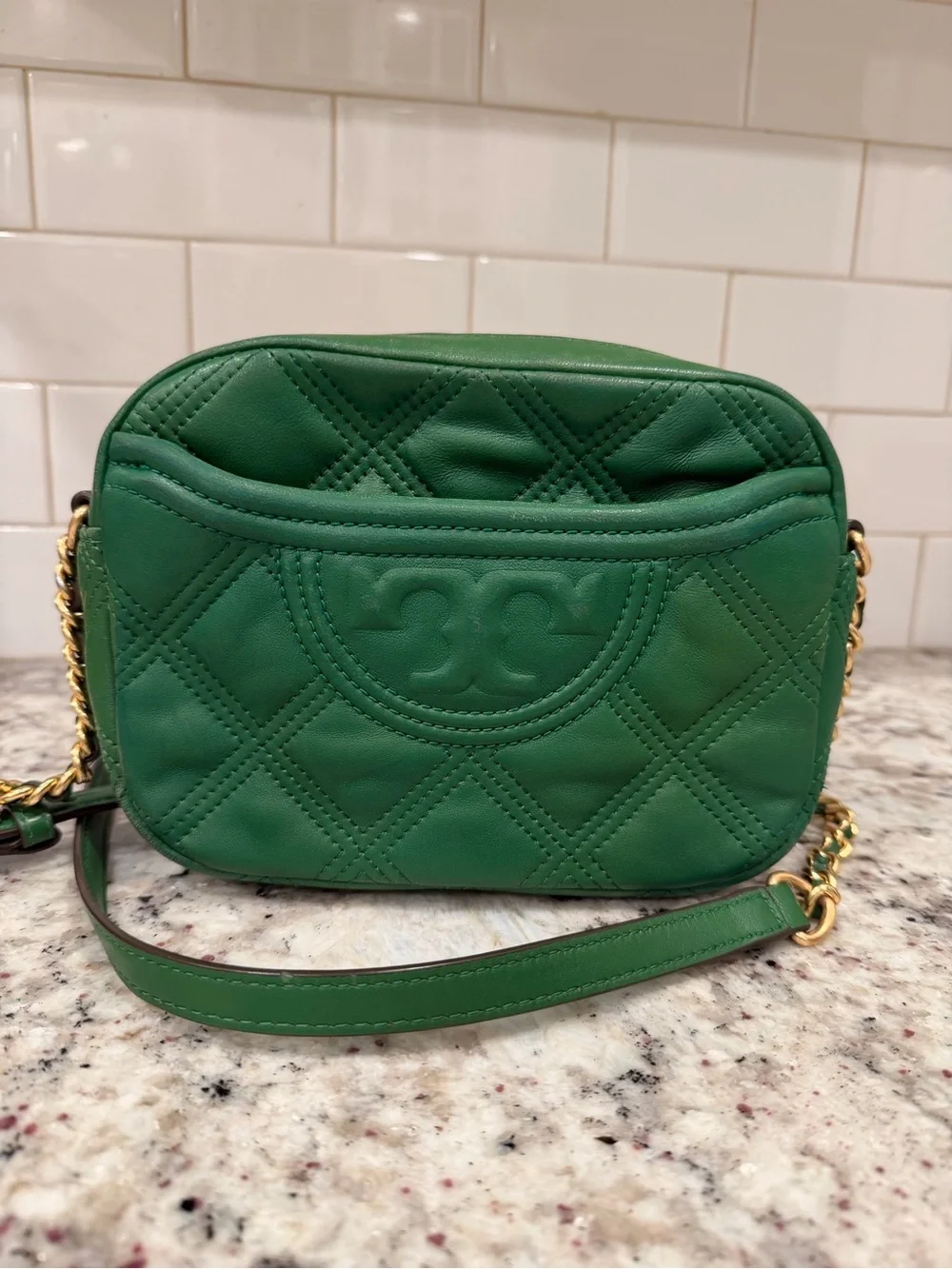 Tory Burch Green Quilted Leather Crossbody Bag with Chain Strap